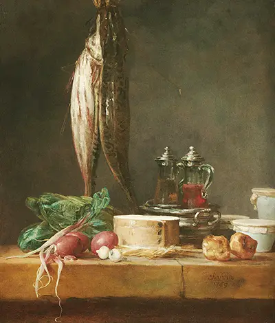 Still Life with Fish, Vegetables, Gougères, Pots, and Cruets on a Table Jean-Baptiste-Simeon Chardin